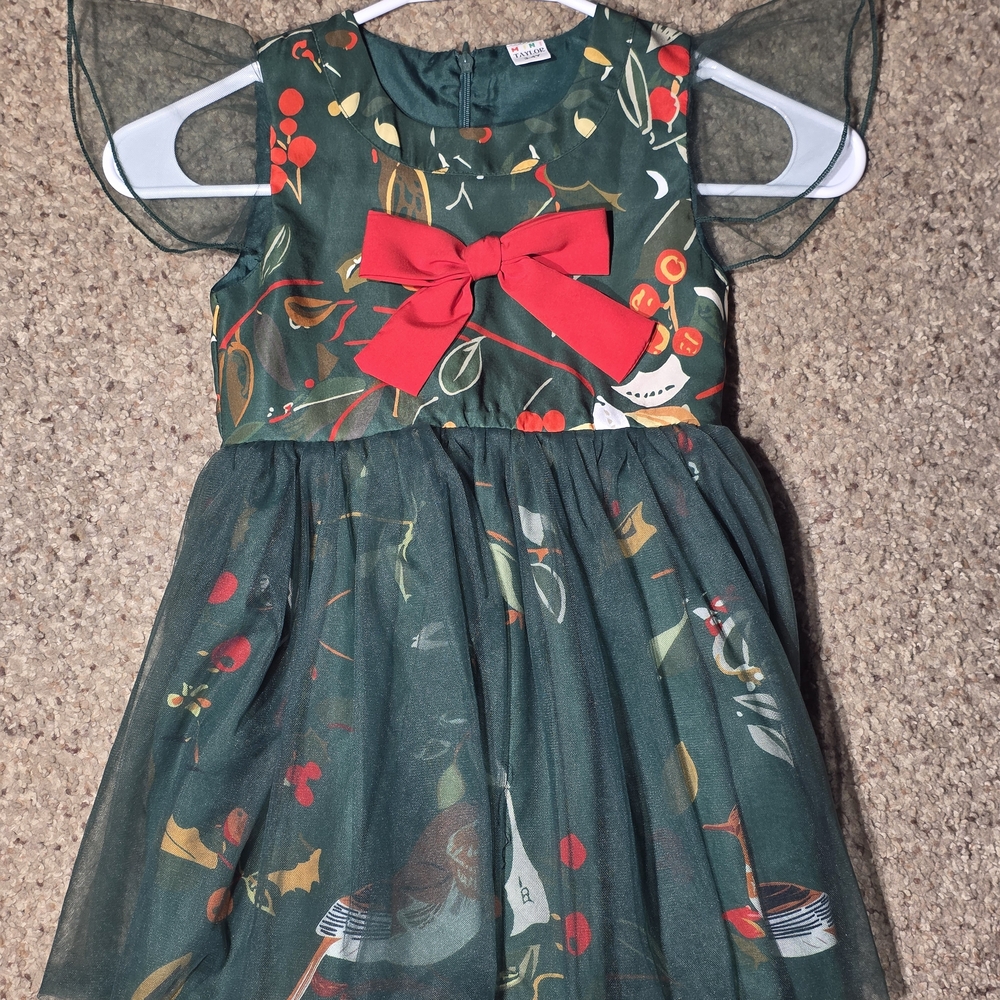 Festive Green Kids Costume Dress with Red Bow Size 3-4 Years Old